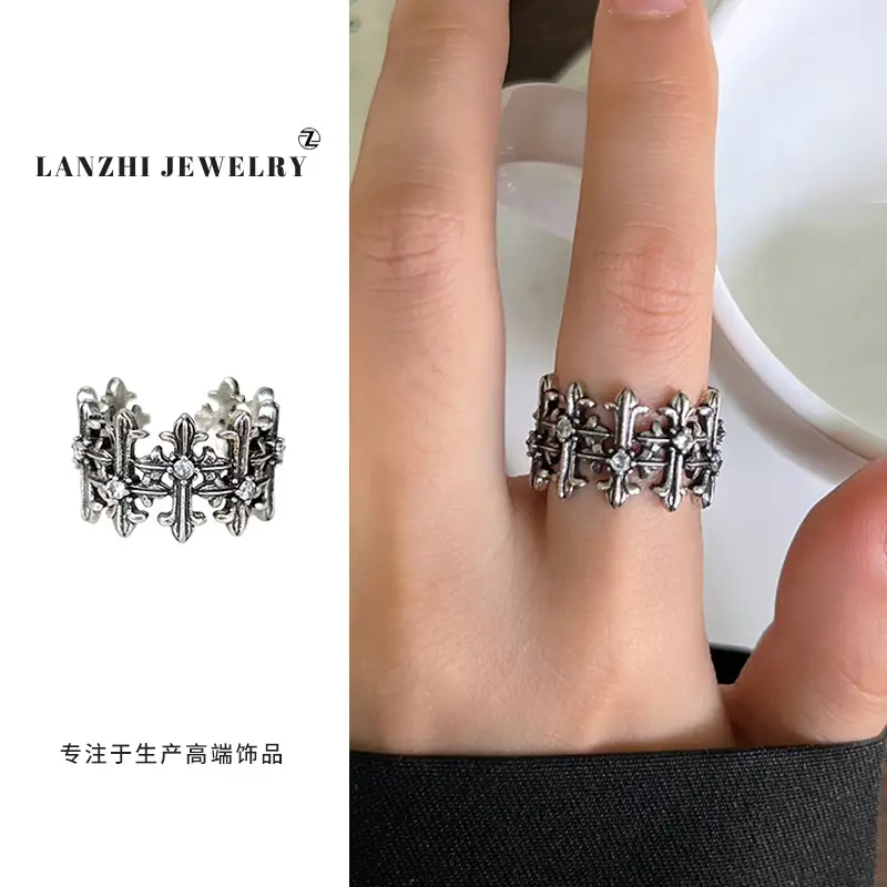 Lanzhi 925 Sterling Silver Ring, Personalized Punk Exaggerated Design Jewelry, Hip-Hop Open Ring, Non-Fading Niche