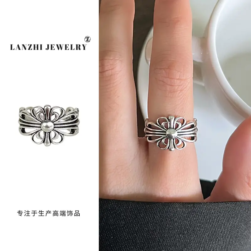 Lanzhi 925 Sterling Silver Ring, Personalized Punk Exaggerated Design Jewelry, Hip-Hop Open Ring, Non-Fading Niche