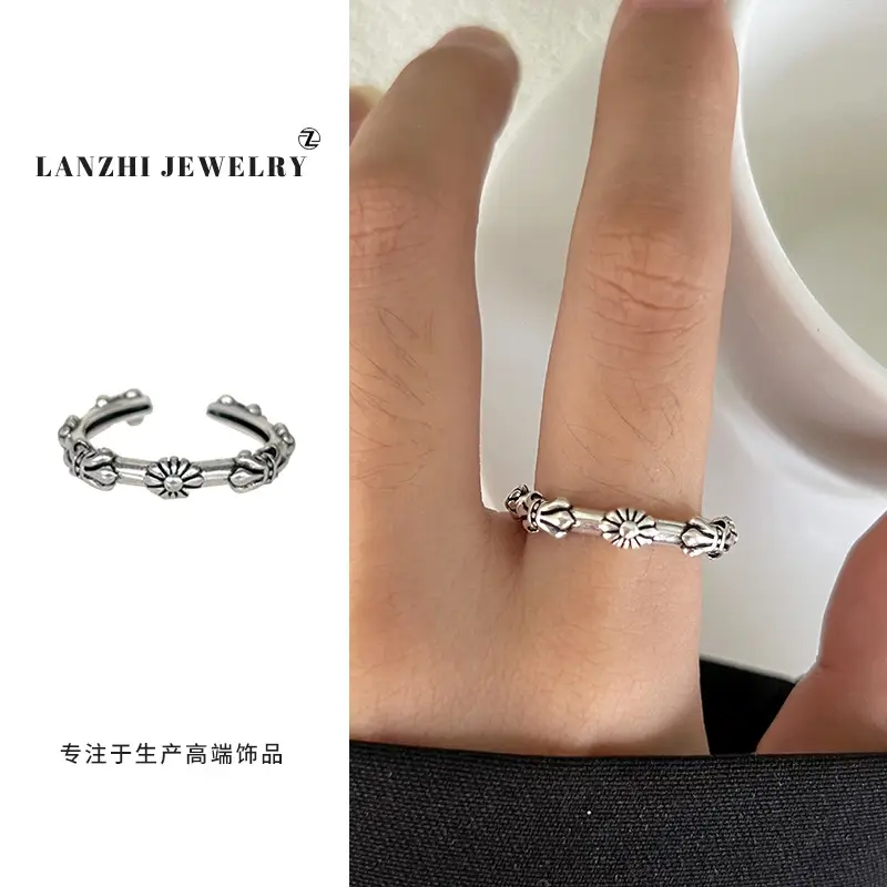 Lanzhi 925 Sterling Silver Ring, Personalized Punk Exaggerated Design Jewelry, Hip-Hop Open Ring, Non-Fading Niche