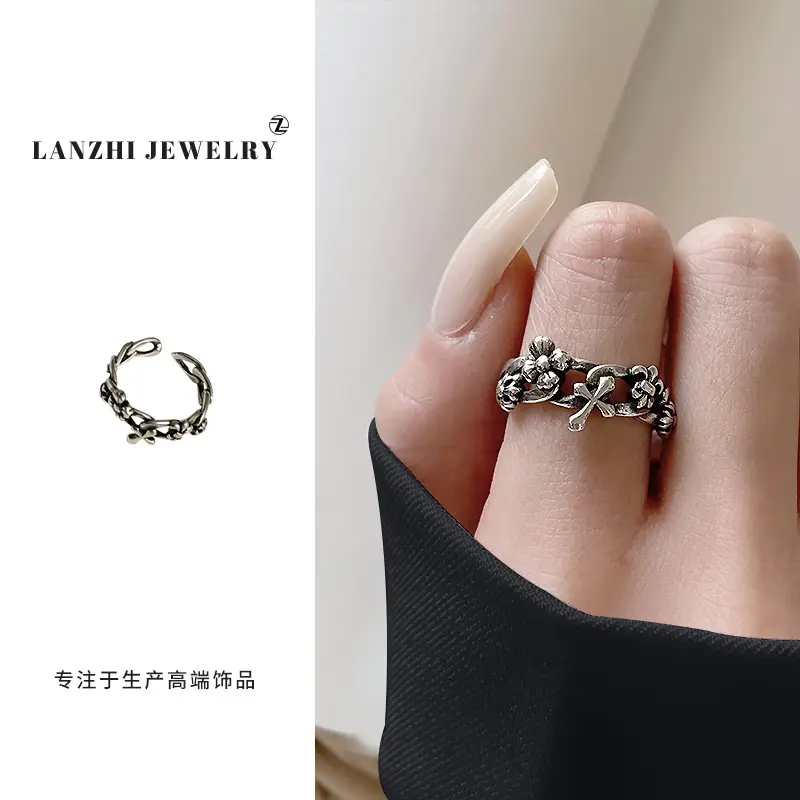 Lanzhi 925 Sterling Silver Ring, Personalized Punk Exaggerated Design Jewelry, Hip-Hop Open Ring, Non-Fading Niche