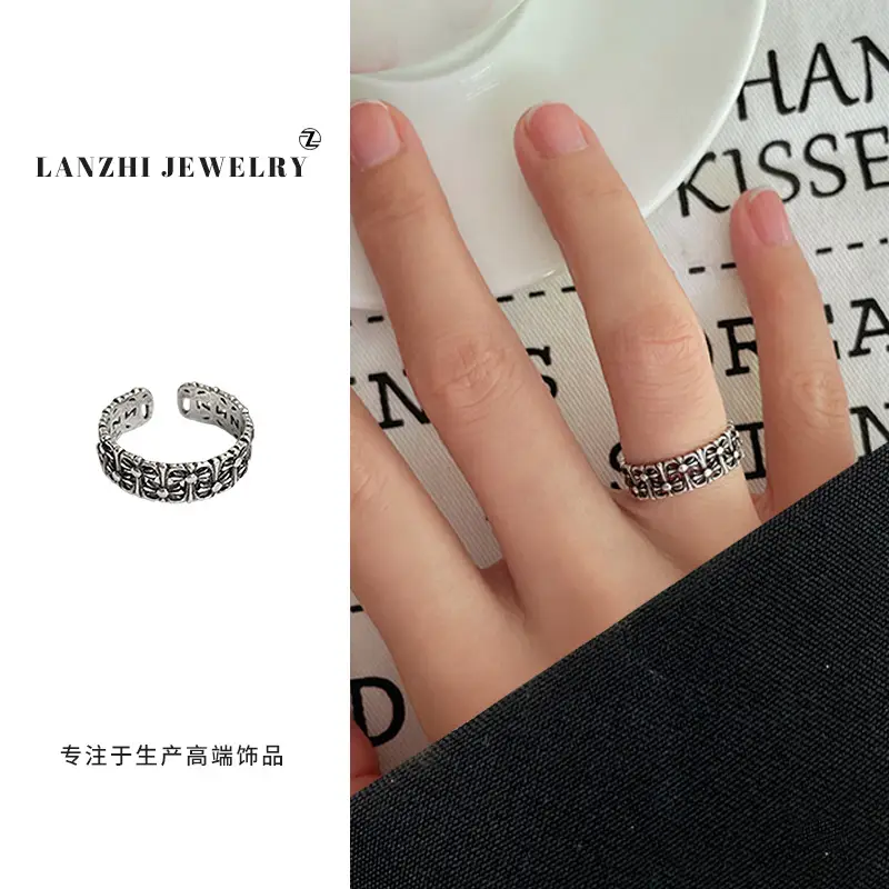Lanzhi 925 Sterling Silver Ring, Personalized Punk Exaggerated Design Jewelry, Hip-Hop Open Ring, Non-Fading Niche