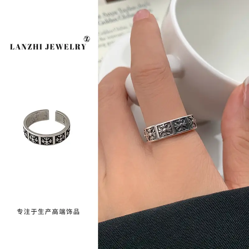 Lanzhi 925 Sterling Silver Ring, Personalized Punk Exaggerated Design Jewelry, Hip-Hop Open Ring, Non-Fading Niche