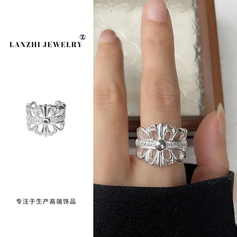 Lanzhi 925 Sterling Silver Ring, Personalized Punk Exaggerated Design Jewelry, Hip-Hop Open Ring, Non-Fading Niche