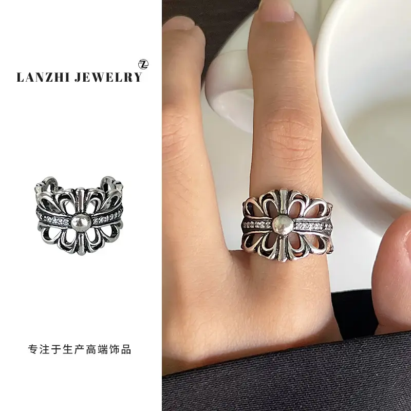 Lanzhi 925 Sterling Silver Ring, Personalized Punk Exaggerated Design Jewelry, Hip-Hop Open Ring, Non-Fading Niche