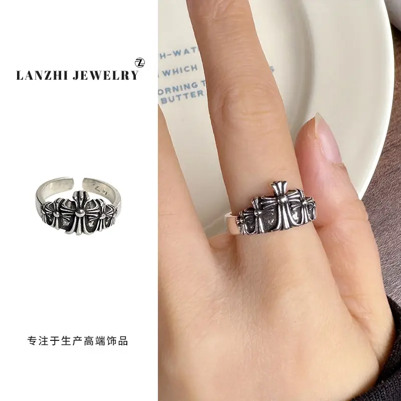 Lanzhi 925 Sterling Silver Ring, Personalized Punk Exaggerated Design Jewelry, Hip-Hop Open Ring, Non-Fading Niche