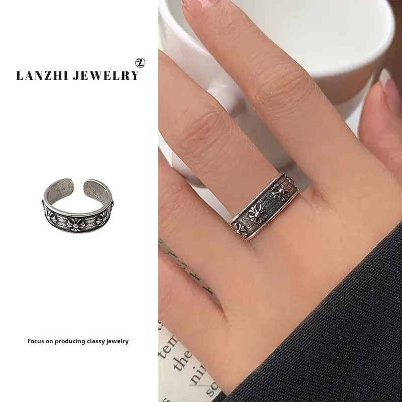 Lanzhi 925 Sterling Silver Ring, Personalized Punk Exaggerated Design Jewelry, Hip-Hop Open Ring, Non-Fading Niche