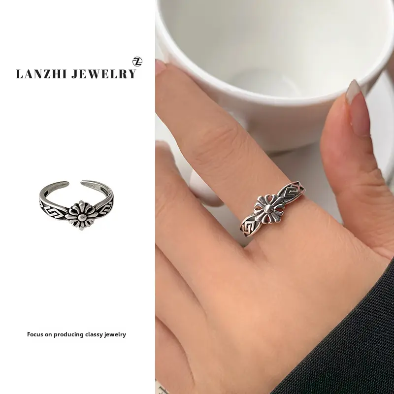 Lanzhi 925 Sterling Silver Ring, Personalized Punk Exaggerated Design Jewelry, Hip-Hop Open Ring, Non-Fading Niche
