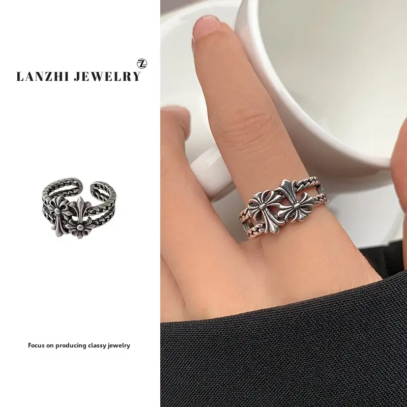 Lanzhi 925 Sterling Silver Ring, Personalized Punk Exaggerated Design Jewelry, Hip-Hop Open Ring, Non-Fading Niche