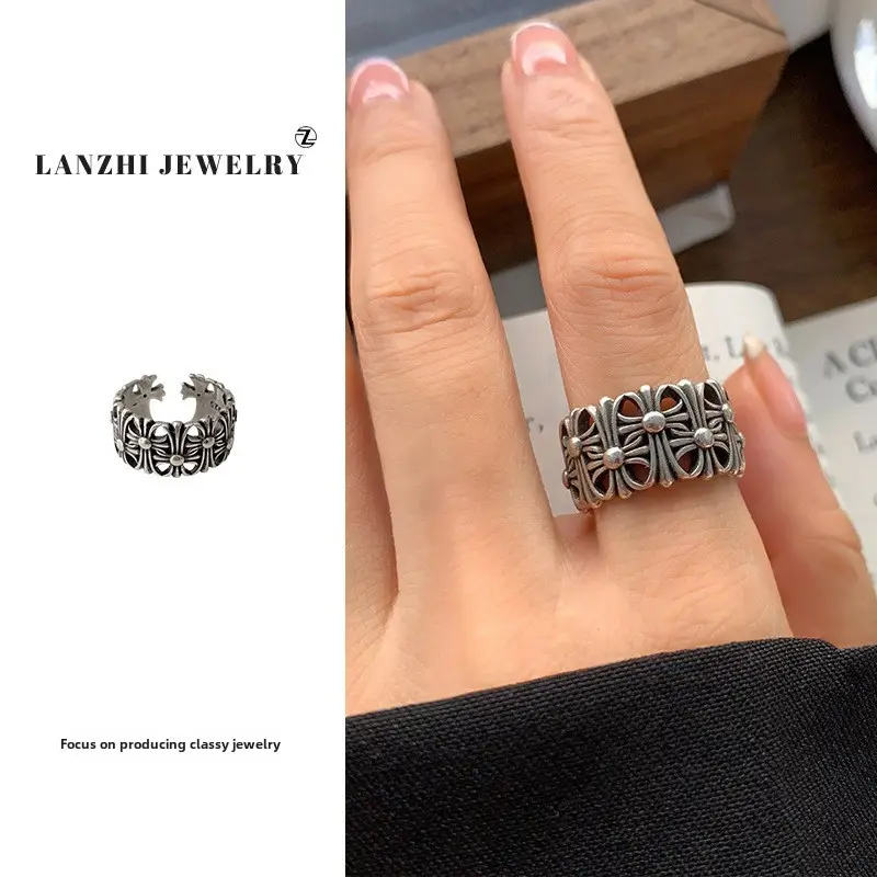 Lanzhi 925 Sterling Silver Ring, Personalized Punk Exaggerated Design Jewelry, Hip-Hop Open Ring, Non-Fading Niche