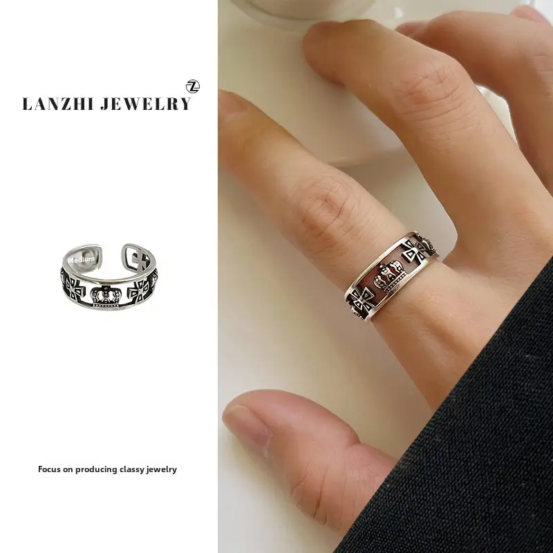 Lanzhi 925 Sterling Silver Ring, Personalized Punk Exaggerated Design Jewelry, Hip-Hop Open Ring, Non-Fading Niche