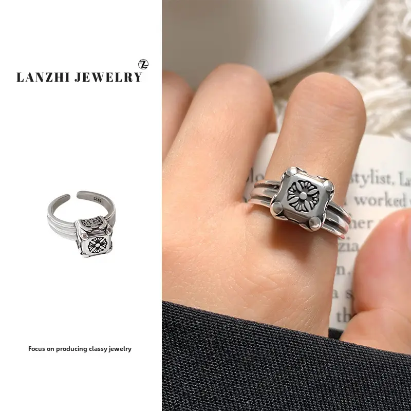 Lanzhi 925 Sterling Silver Ring, Personalized Punk Exaggerated Design Jewelry, Hip-Hop Open Ring, Non-Fading Niche