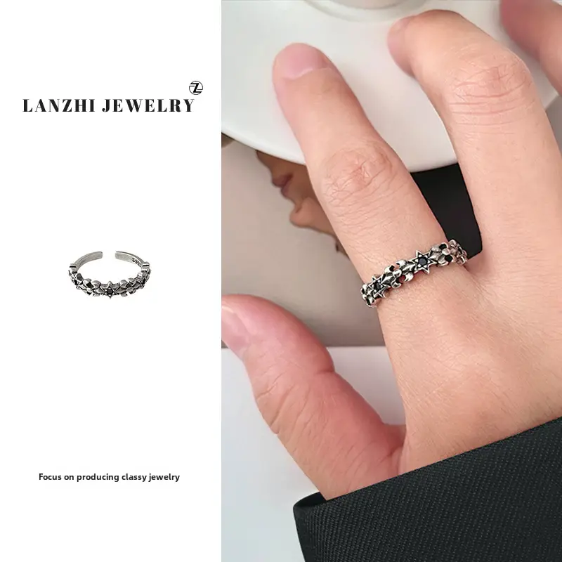 Lanzhi 925 Sterling Silver Ring, Personalized Punk Exaggerated Design Jewelry, Hip-Hop Open Ring, Non-Fading Niche