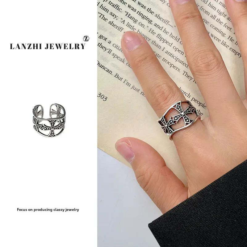 Lanzhi 925 Sterling Silver Ring, Personalized Punk Exaggerated Design Jewelry, Hip-Hop Open Ring, Non-Fading Niche