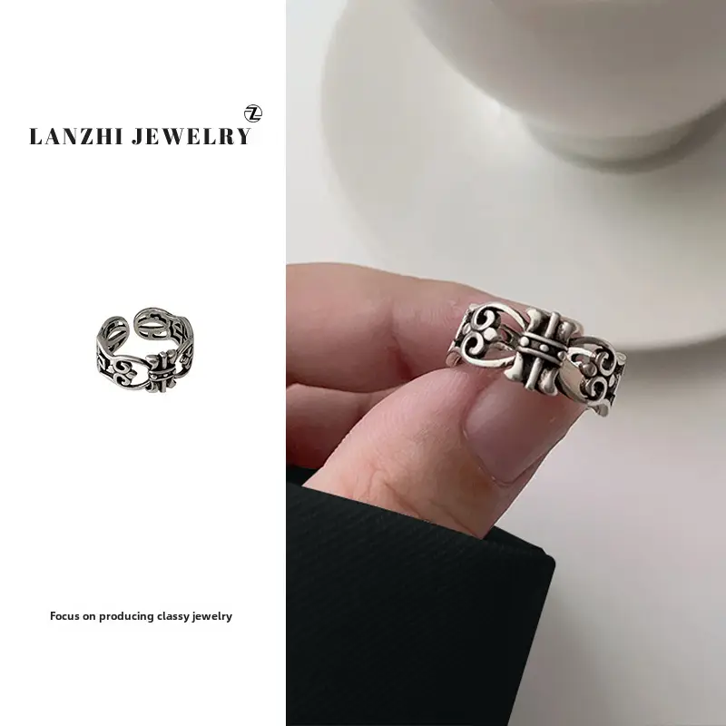 Lanzhi 925 Sterling Silver Ring, Personalized Punk Exaggerated Design Jewelry, Hip-Hop Open Ring, Non-Fading Niche