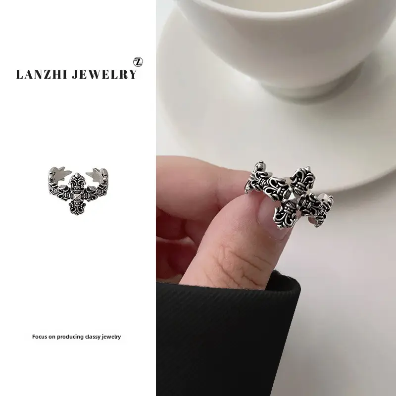 Lanzhi 925 Sterling Silver Ring, Personalized Punk Exaggerated Design Jewelry, Hip-Hop Open Ring, Non-Fading Niche