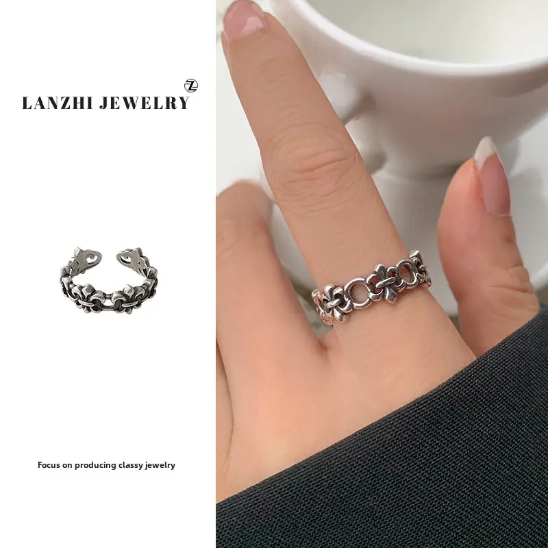Lanzhi 925 Sterling Silver Ring, Personalized Punk Exaggerated Design Jewelry, Hip-Hop Open Ring, Non-Fading Niche