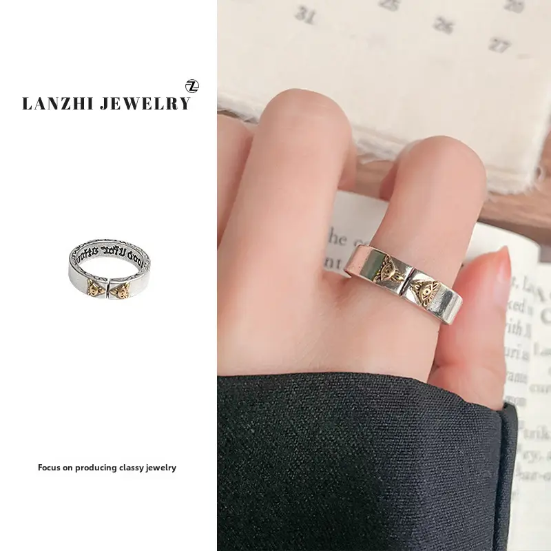 Lanzhi 925 Sterling Silver Ring, Personalized Punk Exaggerated Design Jewelry, Hip-Hop Open Ring, Non-Fading Niche