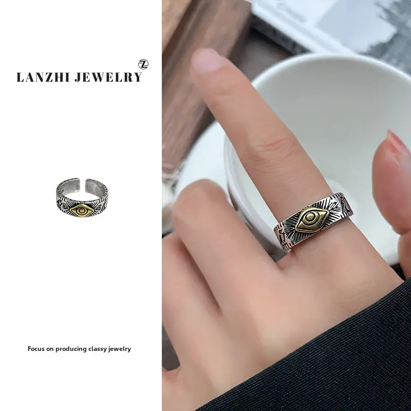 Lanzhi 925 Sterling Silver Ring, Personalized Punk Exaggerated Design Jewelry, Hip-Hop Open Ring, Non-Fading Niche