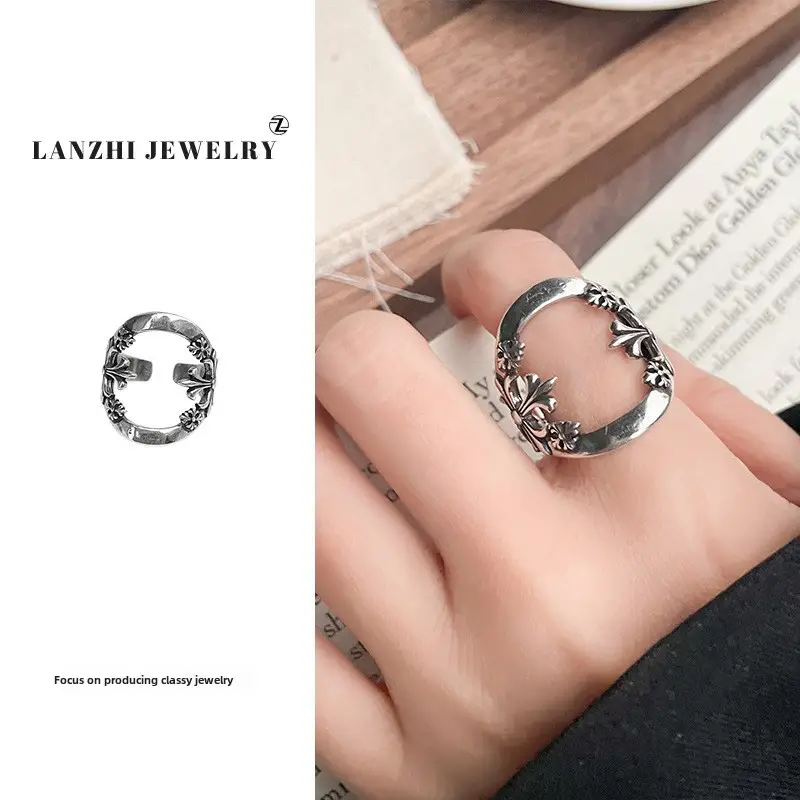 Lanzhi 925 Sterling Silver Ring, Personalized Punk Exaggerated Design Jewelry, Hip-Hop Open Ring, Non-Fading Niche