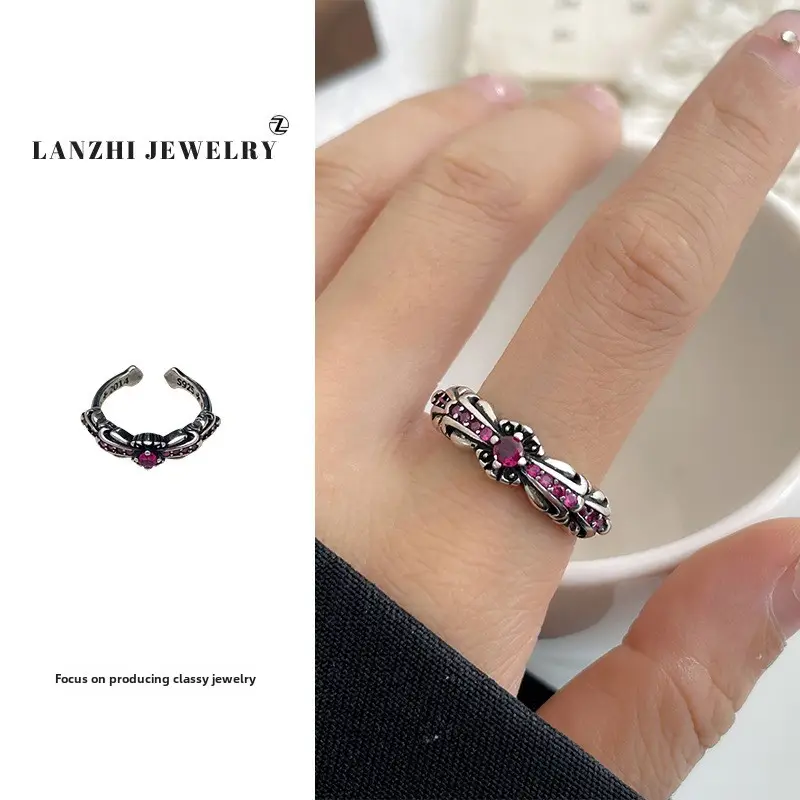 Lanzhi 925 Sterling Silver Ring, Personalized Punk Exaggerated Design Jewelry, Hip-Hop Open Ring, Non-Fading Niche