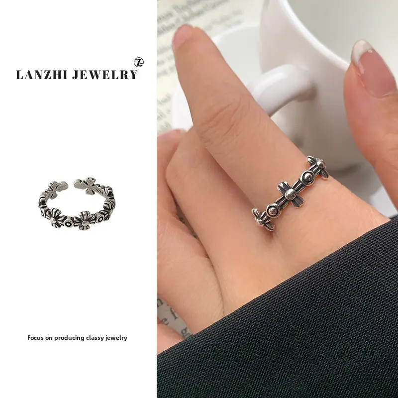 Lanzhi 925 Sterling Silver Ring, Personalized Punk Exaggerated Design Jewelry, Hip-Hop Open Ring, Non-Fading Niche