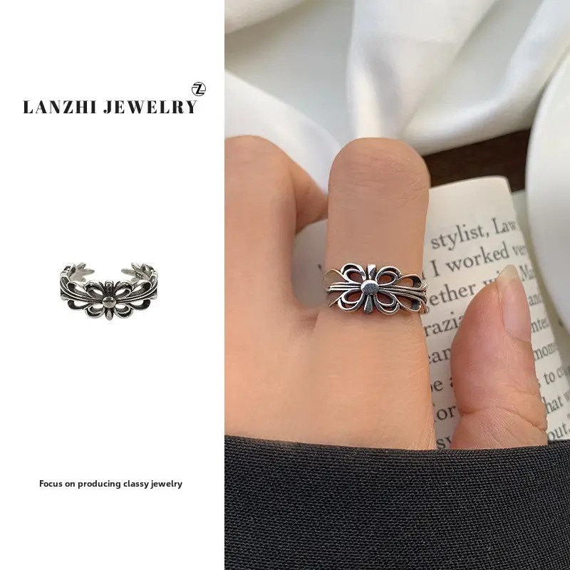 Lanzhi 925 Sterling Silver Ring, Personalized Punk Exaggerated Design Jewelry, Hip-Hop Open Ring, Non-Fading Niche