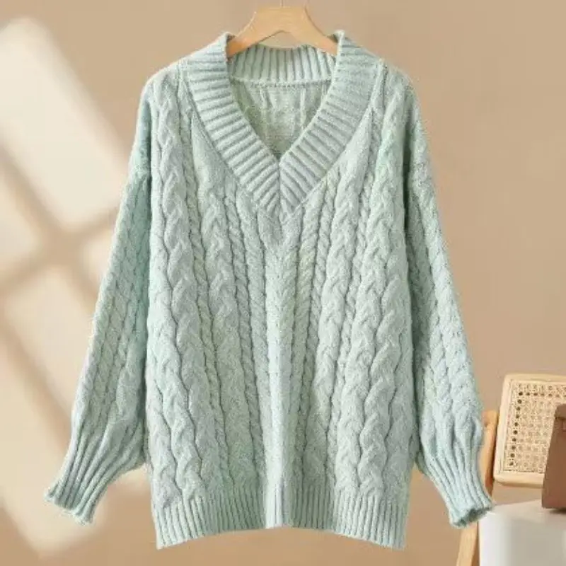 Women's V-Neck Cable Knit Pullover Sweater White - Image 10