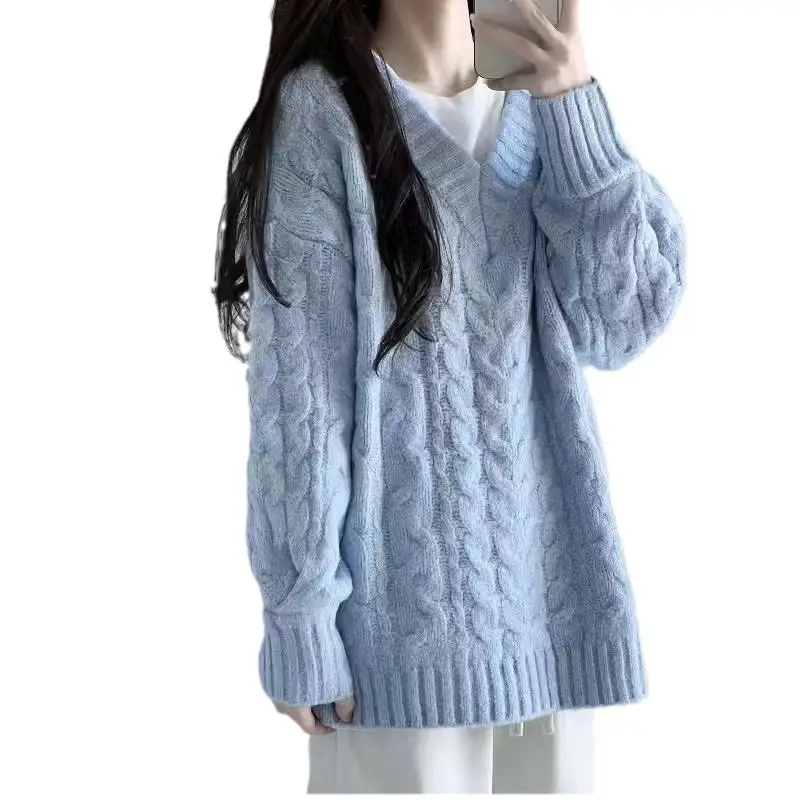 Women's V-Neck Cable Knit Pullover Sweater White - Image 11