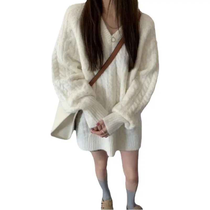 Women's V-Neck Cable Knit Pullover Sweater White