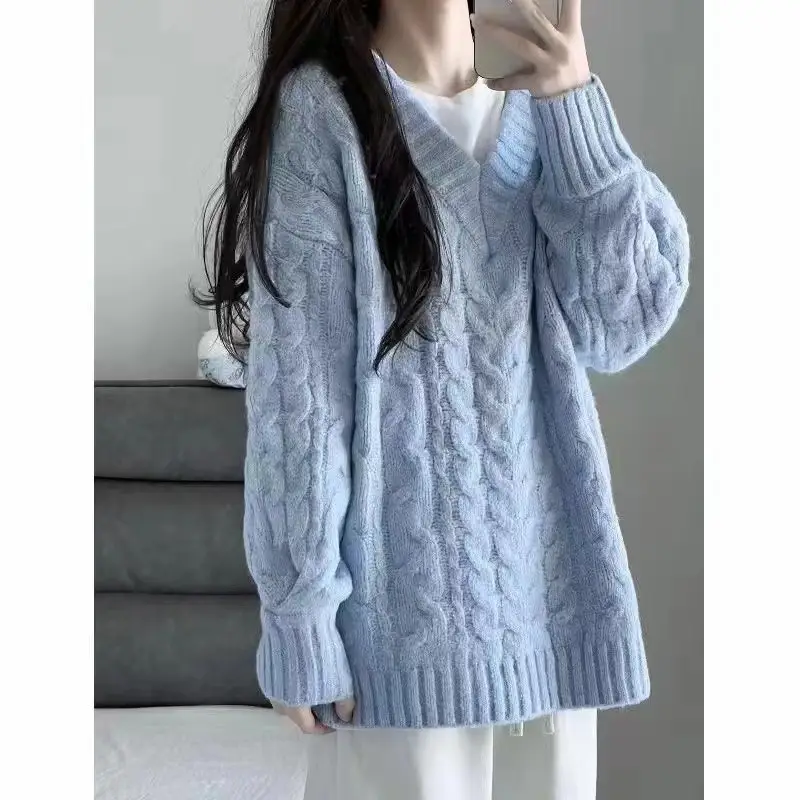 Women's V-Neck Cable Knit Pullover Sweater White - Image 3