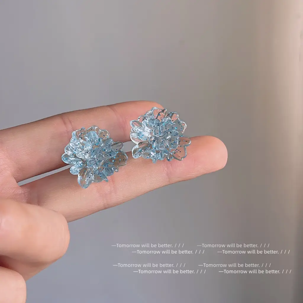 Ice Blue Flower Stud Earrings 925 Silver - Image 5