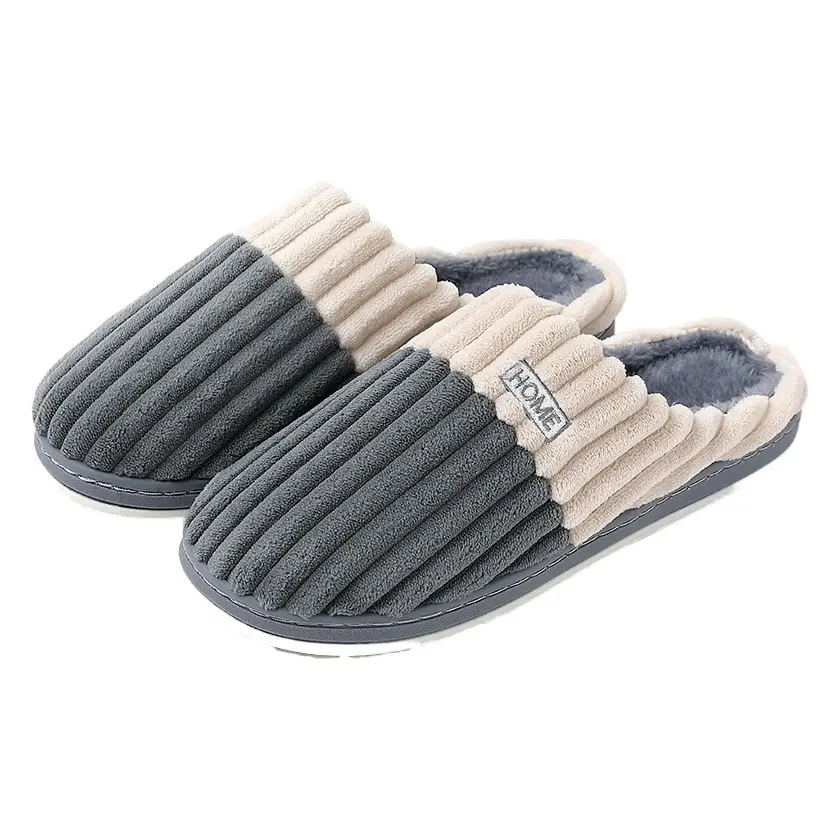 Women Black Striped Cotton Slippers Large Winter Indoor
