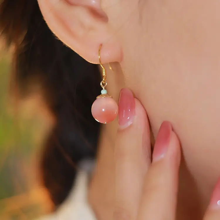 Peach Blossom Nuo Crimson Agate Pendant Earrings Pink Elegant Earrings Vintage National Style Earrings Women
