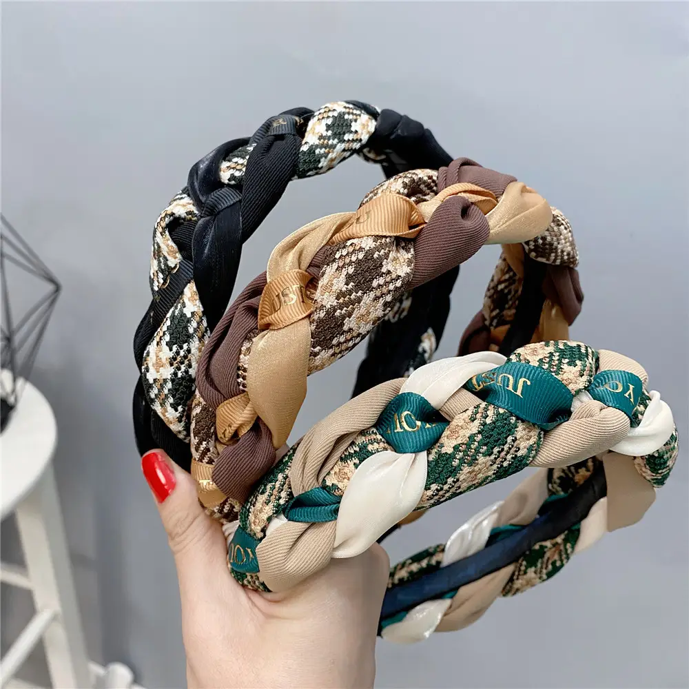 Autumn Winter Hairband Cotton Linen Plaid Color - Image 4