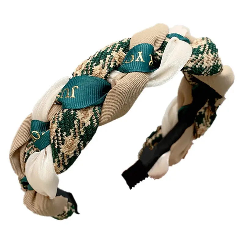Autumn Winter Hairband Cotton Linen Plaid Color