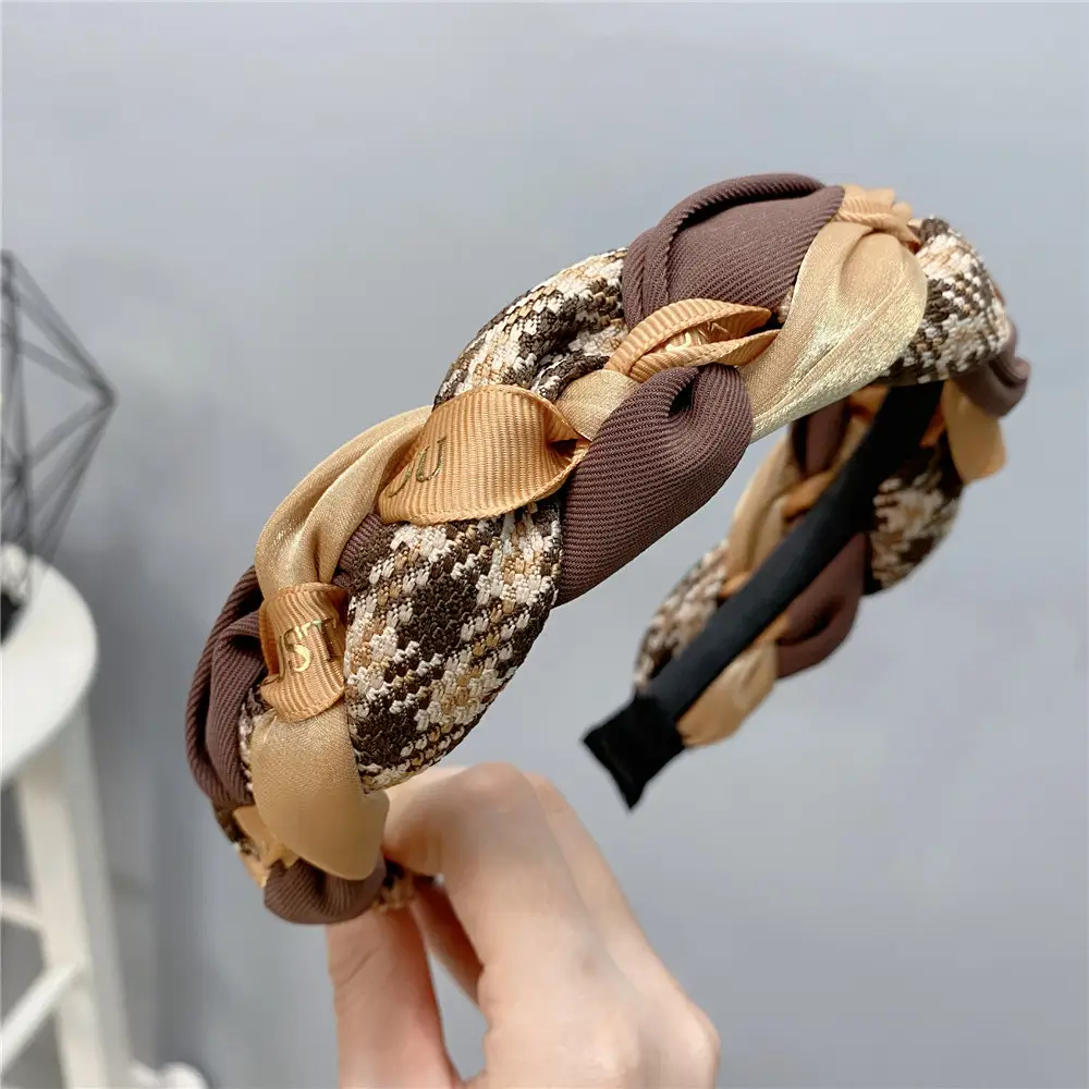 Autumn Winter Hairband Cotton Linen Plaid Color - Image 2