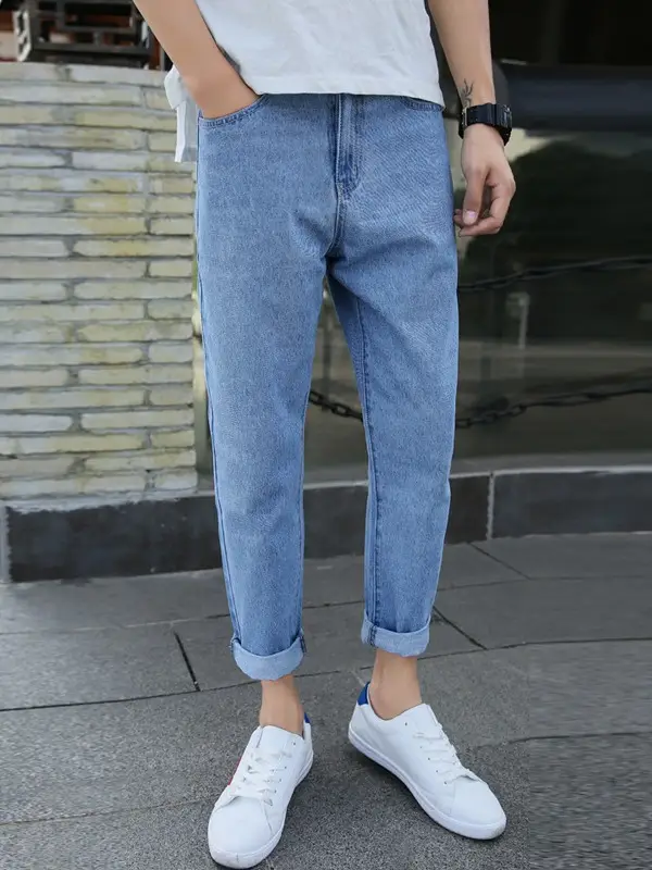 Men's Blue Denim Cropped Jeans Straight Leg New Spring Autumn - Image 4