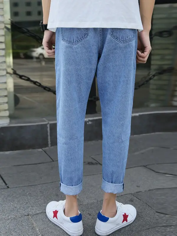 Men's Blue Denim Cropped Jeans Straight Leg New Spring Autumn - Image 5