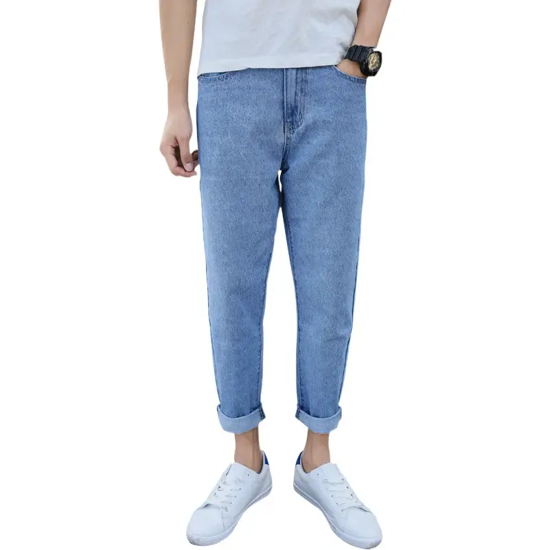 Men's Blue Denim Cropped Jeans Straight Leg New Spring Autumn