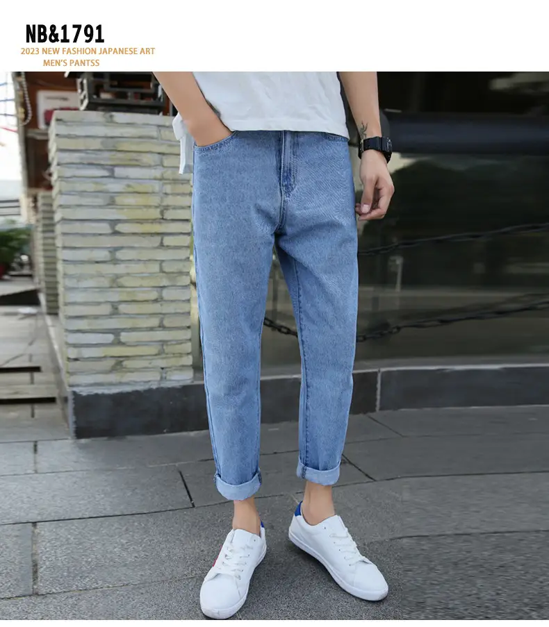 Men's Blue Denim Cropped Jeans Straight Leg New Spring Autumn — feature 2