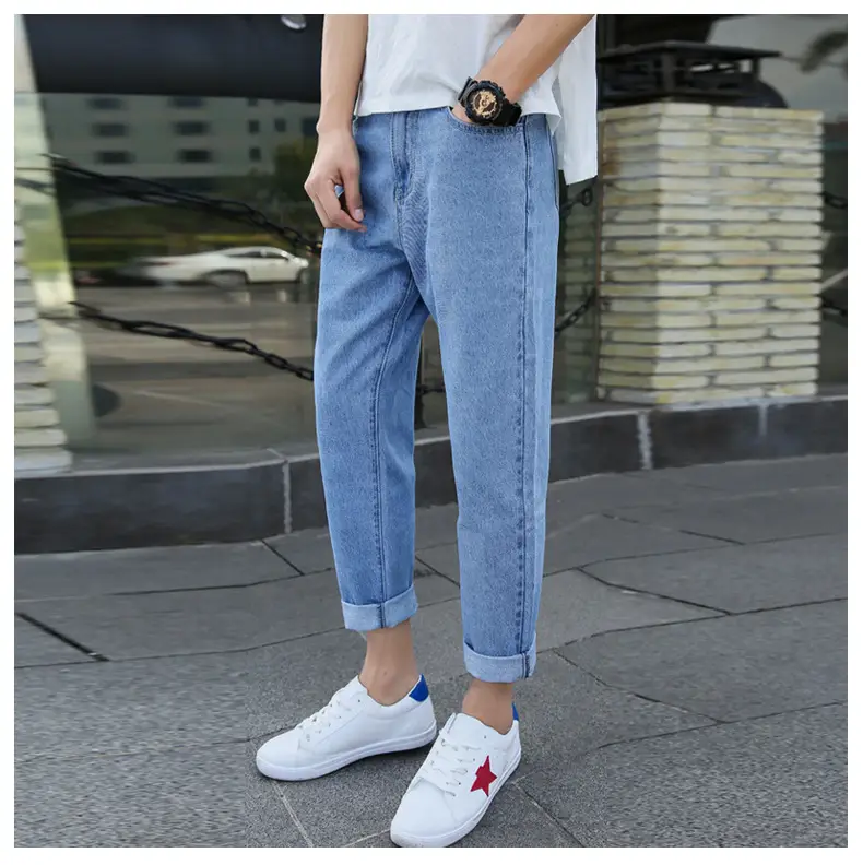 Men's Blue Denim Cropped Jeans Straight Leg New Spring Autumn — feature 6