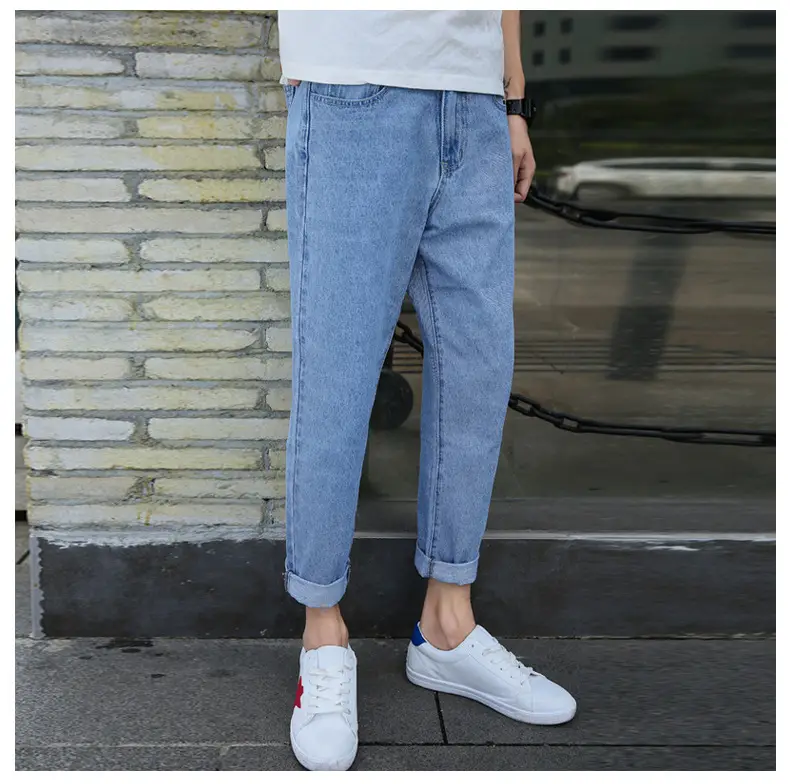 Men's Blue Denim Cropped Jeans Straight Leg New Spring Autumn — feature 7