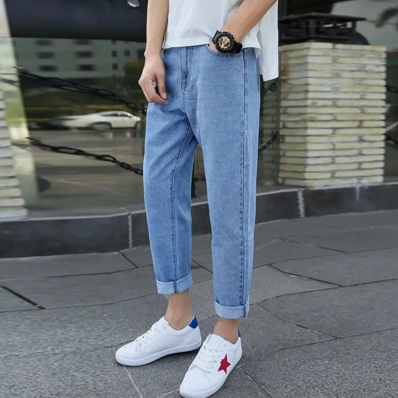 Men's Blue Denim Cropped Jeans Straight Leg New Spring Autumn - Image 2