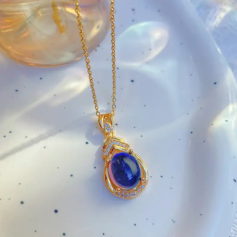 Gold Plated Blue Stone Pendant Necklace for Women - Image 3