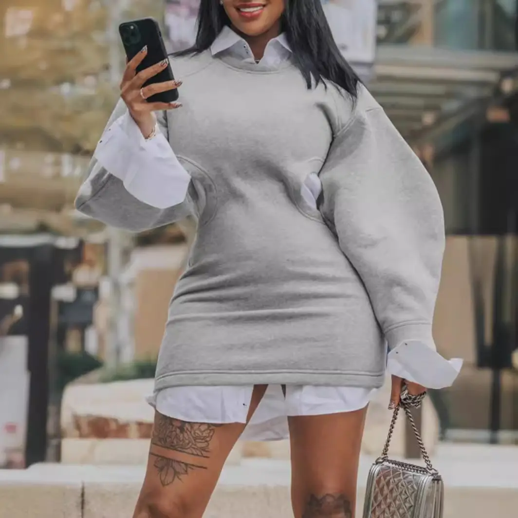 TB5568 Grey Hollow Lancer Sleeve Sweater Plus Size