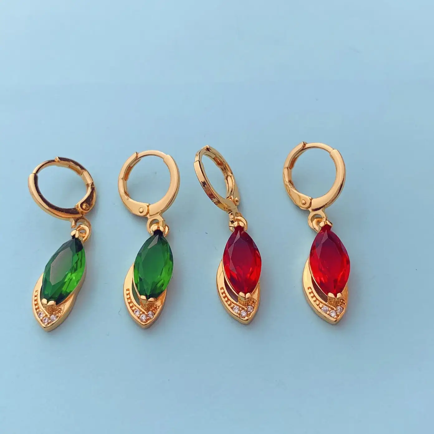 Green Cat Eye Earrings Set Gold Plated - Image 6