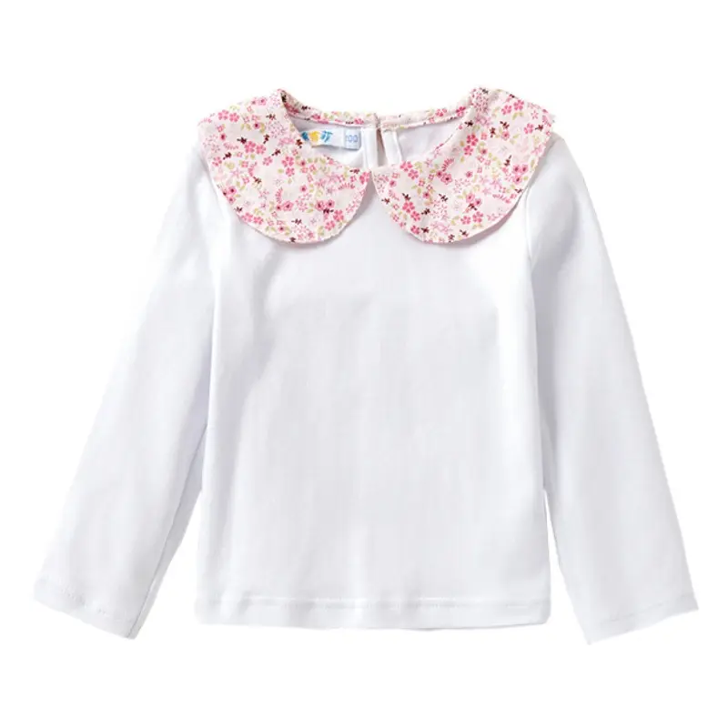 Girls White Floral Collar Long Sleeve T-Shirt