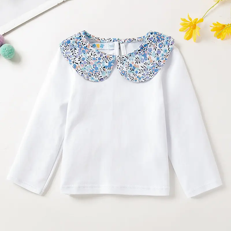 Girls White Floral Collar Long Sleeve T-Shirt - Image 2