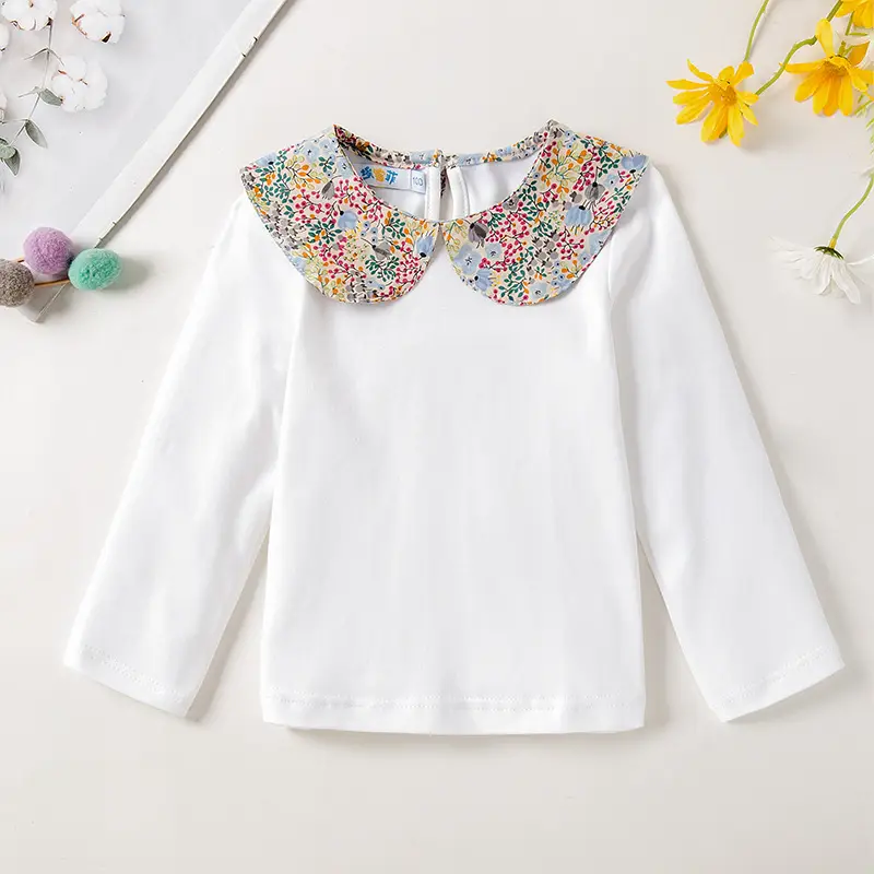 Girls White Floral Collar Long Sleeve T-Shirt - Image 3