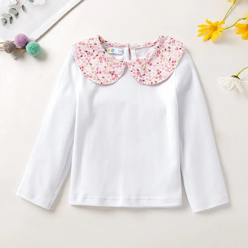 Girls White Floral Collar Long Sleeve T-Shirt - Image 4